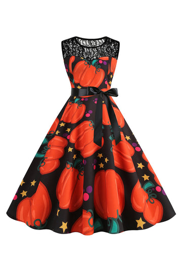 Halloween Pumpkin Printed Orange Vintage Dress